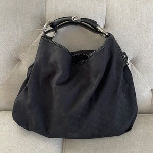 GUCCI Monogram Large Horsebit Chain Hobo Black